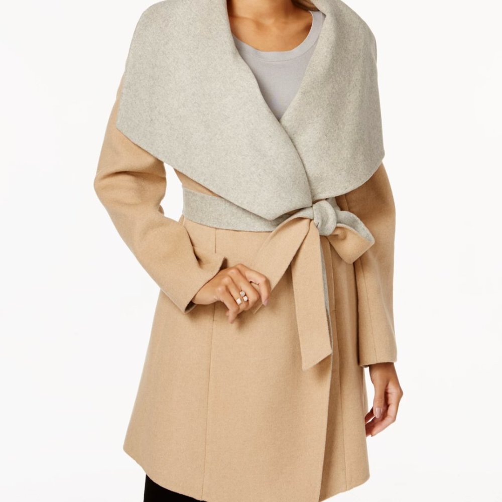 Michael Kors Belted Wrap Coat Tan Wool Blend Size S
